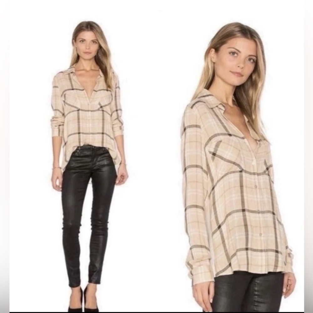 L’Agence Denise Cream Shirt Blouse Long Sleeve Plaid 100% Silk Button Sz Large